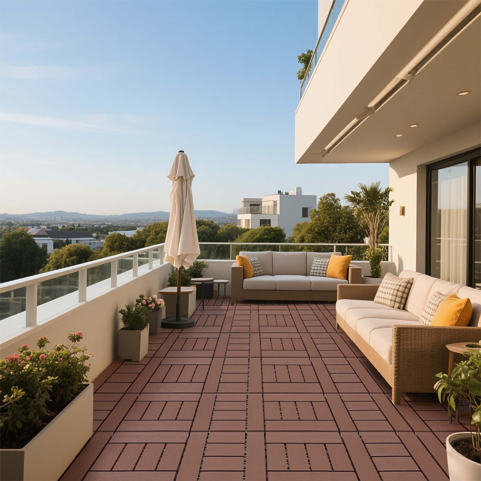44 Pack Plastic Interlocking Deck Tiles,12″x12″ Waterproof Floor Tiles,Brown