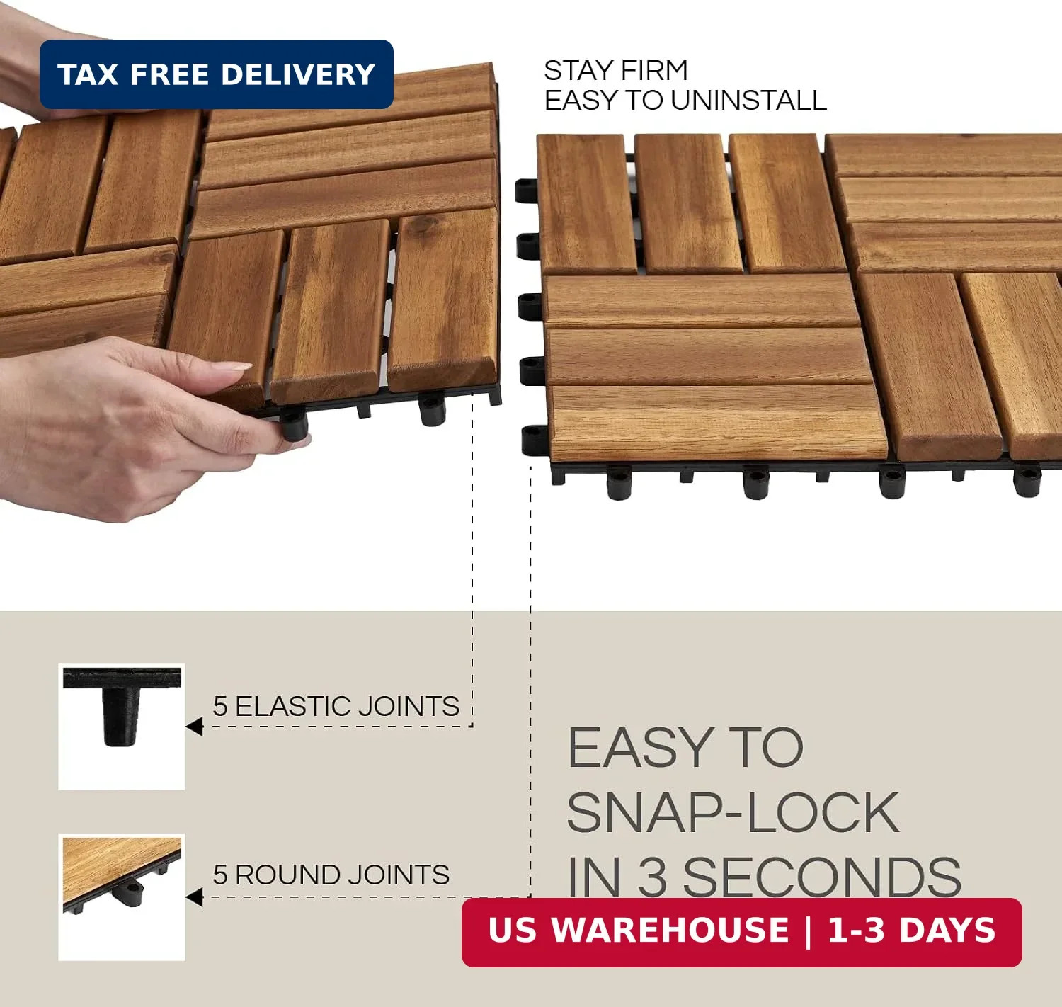 10 Pcs Premium Acacia Wood Interlocking Deck Tiles (12″ x 12″), Deck Flooring Ou