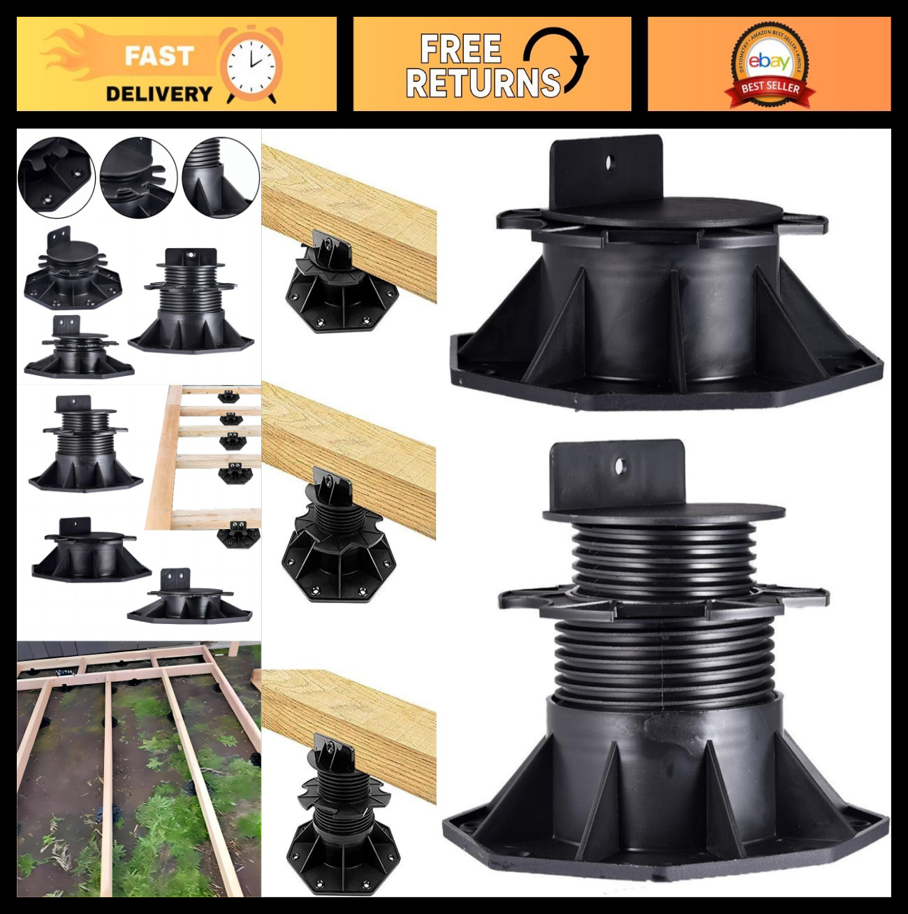 12-Pack Adjustable Pedestal Base for Floating Decks – Height 2-3/8″ to 5-1/2″, B