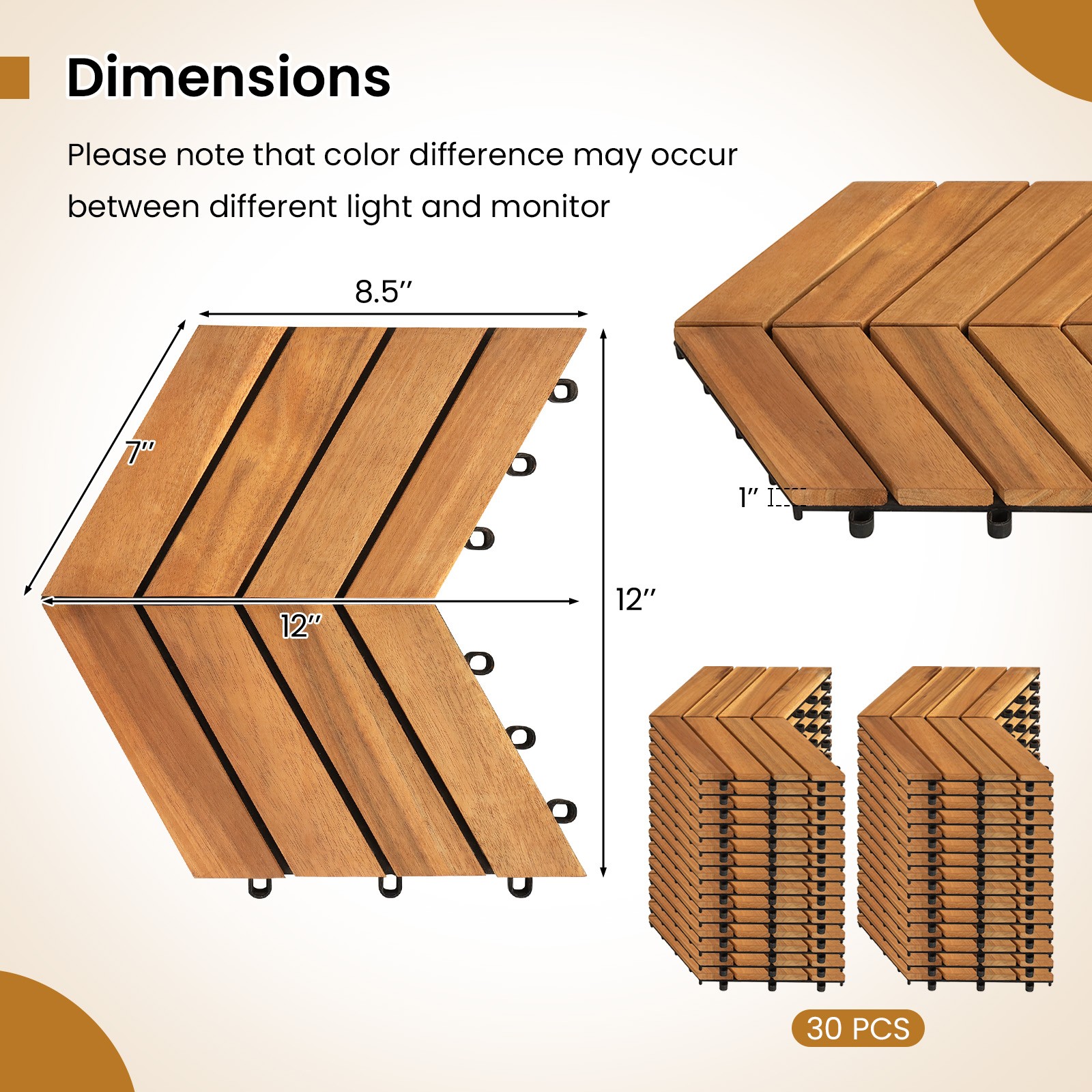 Acacia Wood Interlocking Deck Tiles, 30 PCS Waterproof Flooring Tiles,Natural