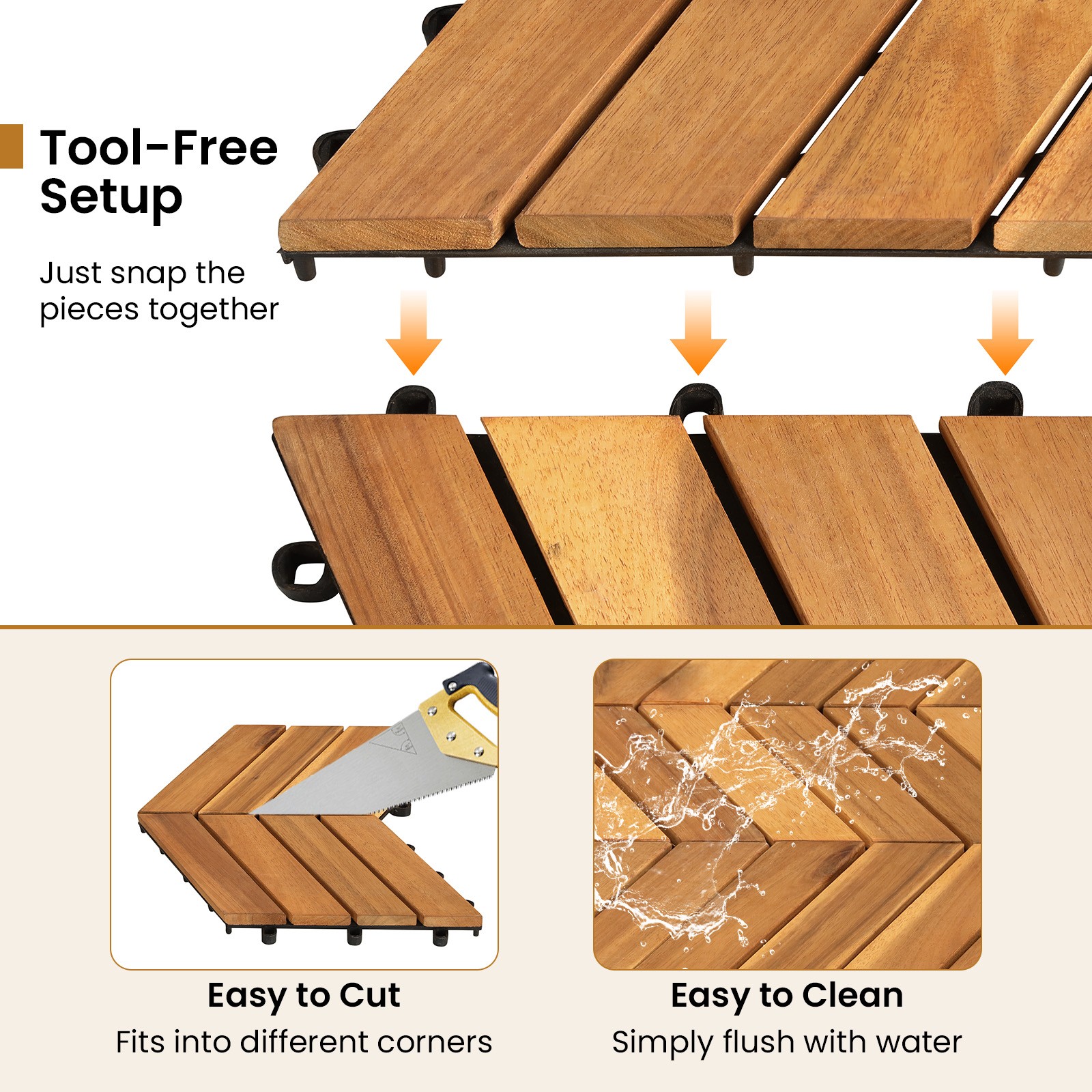 Acacia Wood Interlocking Deck Tiles, 30 PCS Waterproof Flooring Tiles,Natural