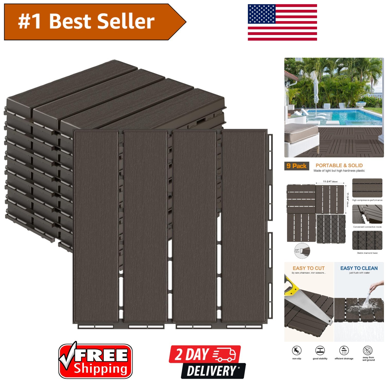 Durable Outdoor Flooring Deck Tiles, 12×12, All-Weather Use, 9 Pack, Dark Coffee