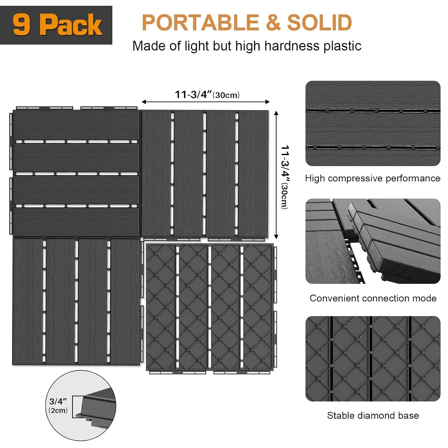 Elegant Dark Grey Interlocking Deck Tiles – 12″x12″ Waterproof for All Weather