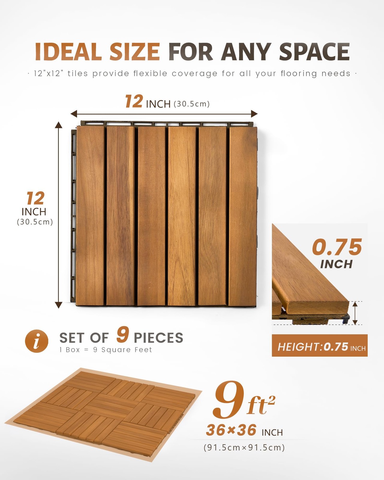 Upolana 9 PCS Interlocking Deck Tiles 12″ x 12″, 6 Slats Outdoor Flooring Aca…