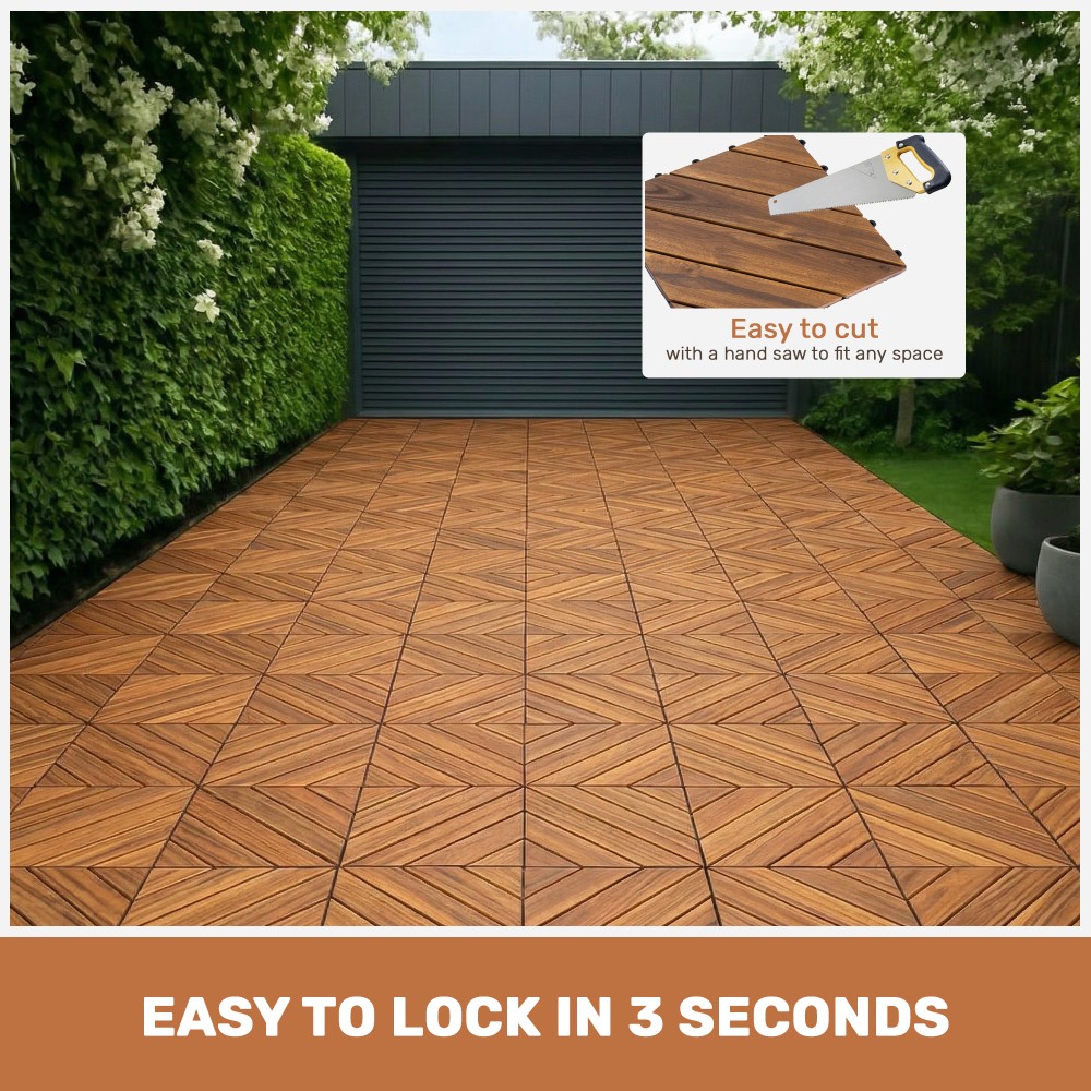 Interlocking Deck Tiles Diagonal Pattern, 12″ x 12″ Acacia Wood Tiles For Patio
