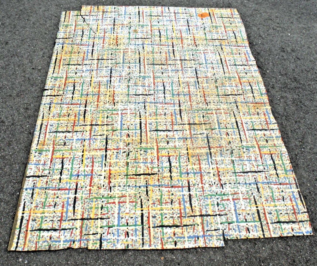 VTG~LINOLEUM FLOORING~L PIECE~45″x 60″~1950-60~MOVIE SET~MCM~GRAY GRID~PRIMARY E