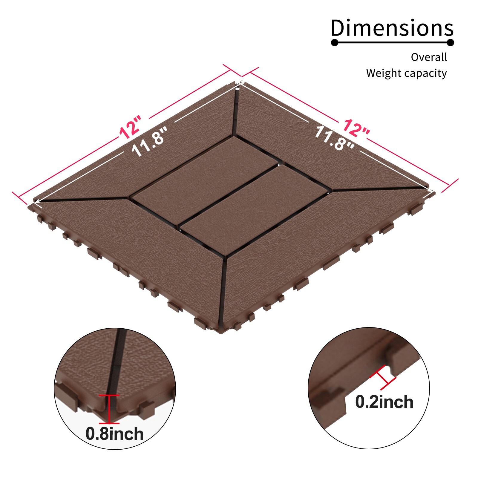 12″ Patio Deck Tiles, DIY Module Interlocking Tiles Floor Tile, 44pcs, Red Brown