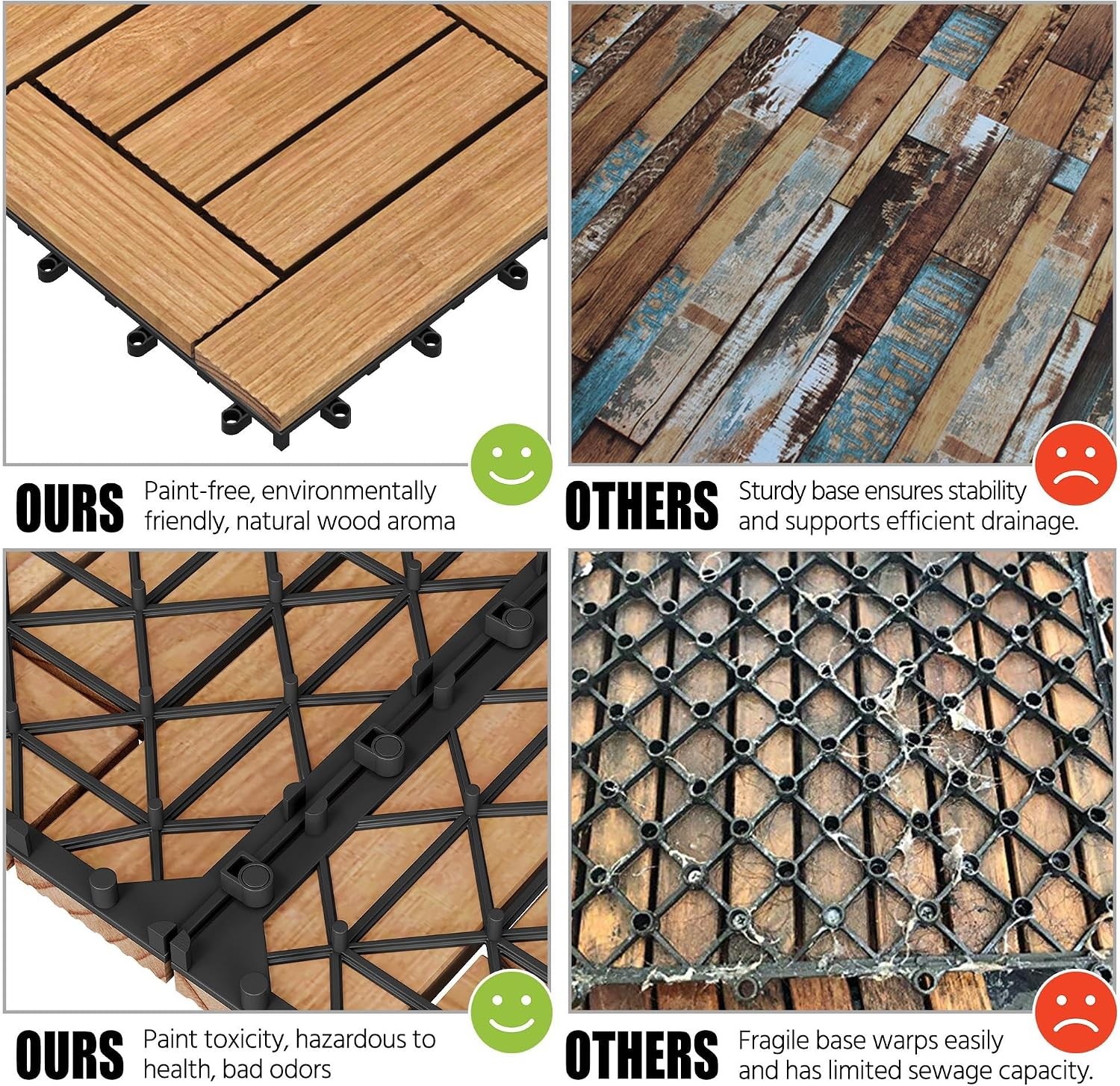 27PCS Natural Wood Deck Tiles Interlocking Patio Deck Tiles Solid Wood & Plastic