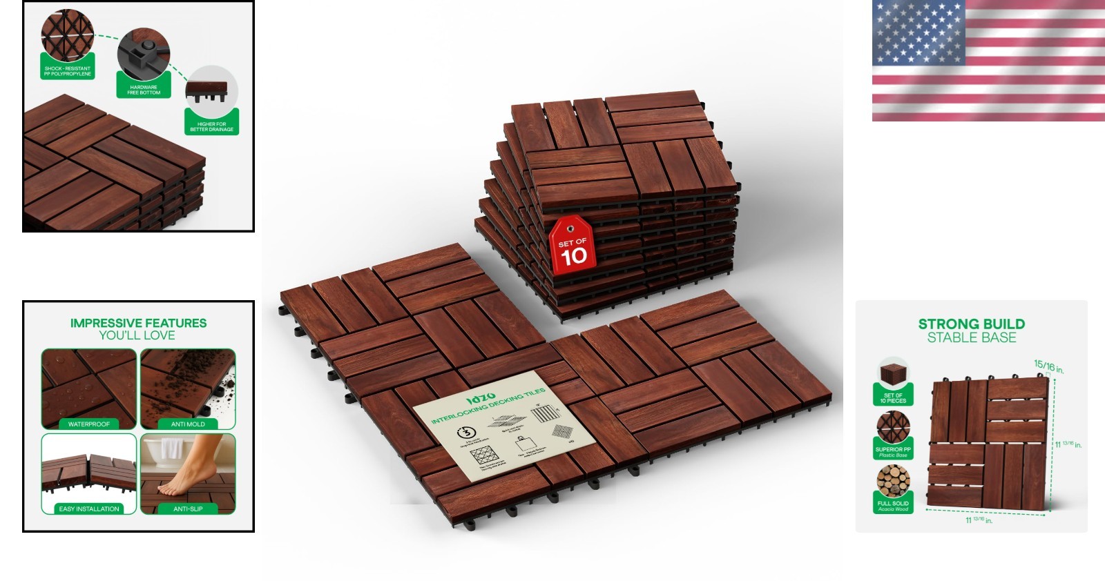 Acacia Wood Patio Tiles – Red Brown Checkered Pattern