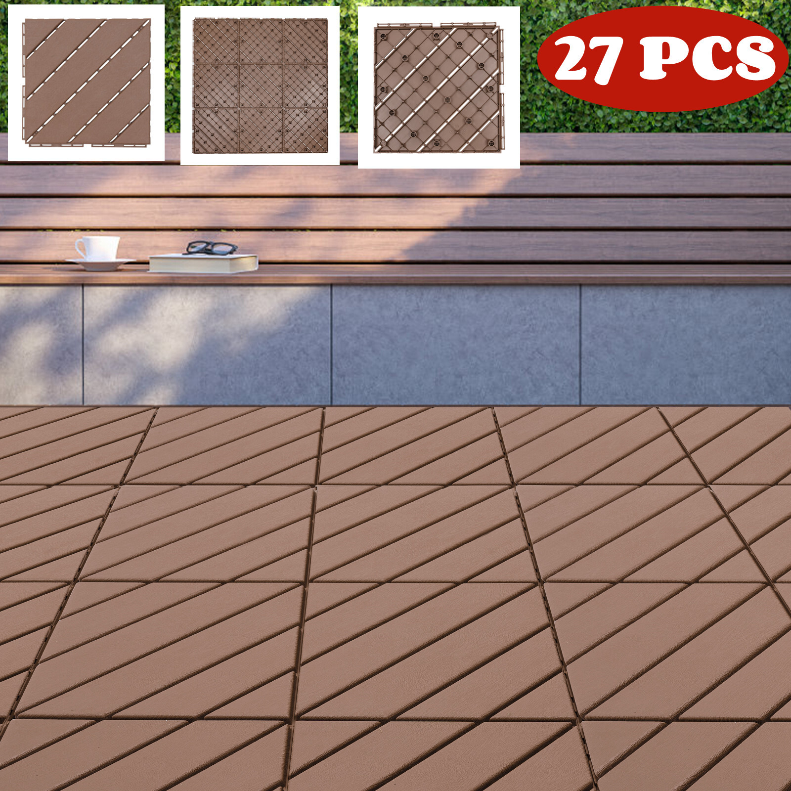 27 PACK Plastic Interlocking Deck Tiles Outdoor Patio Flooring Coffee 12″x12″.