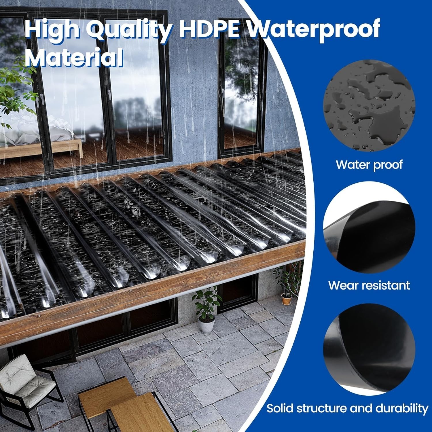 4 PCS 50FT Black Under Deck Drainage System Trough HDPE Waterproofing Membrane F