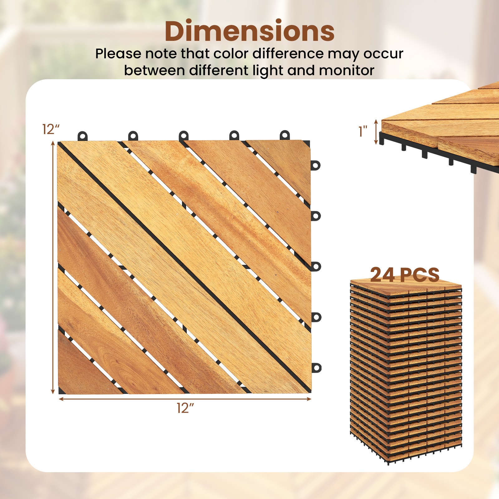 12″ x 12″ Acacia Wood Interlocking Deck Tiles,24 PCS Waterproof Flooring Tiles