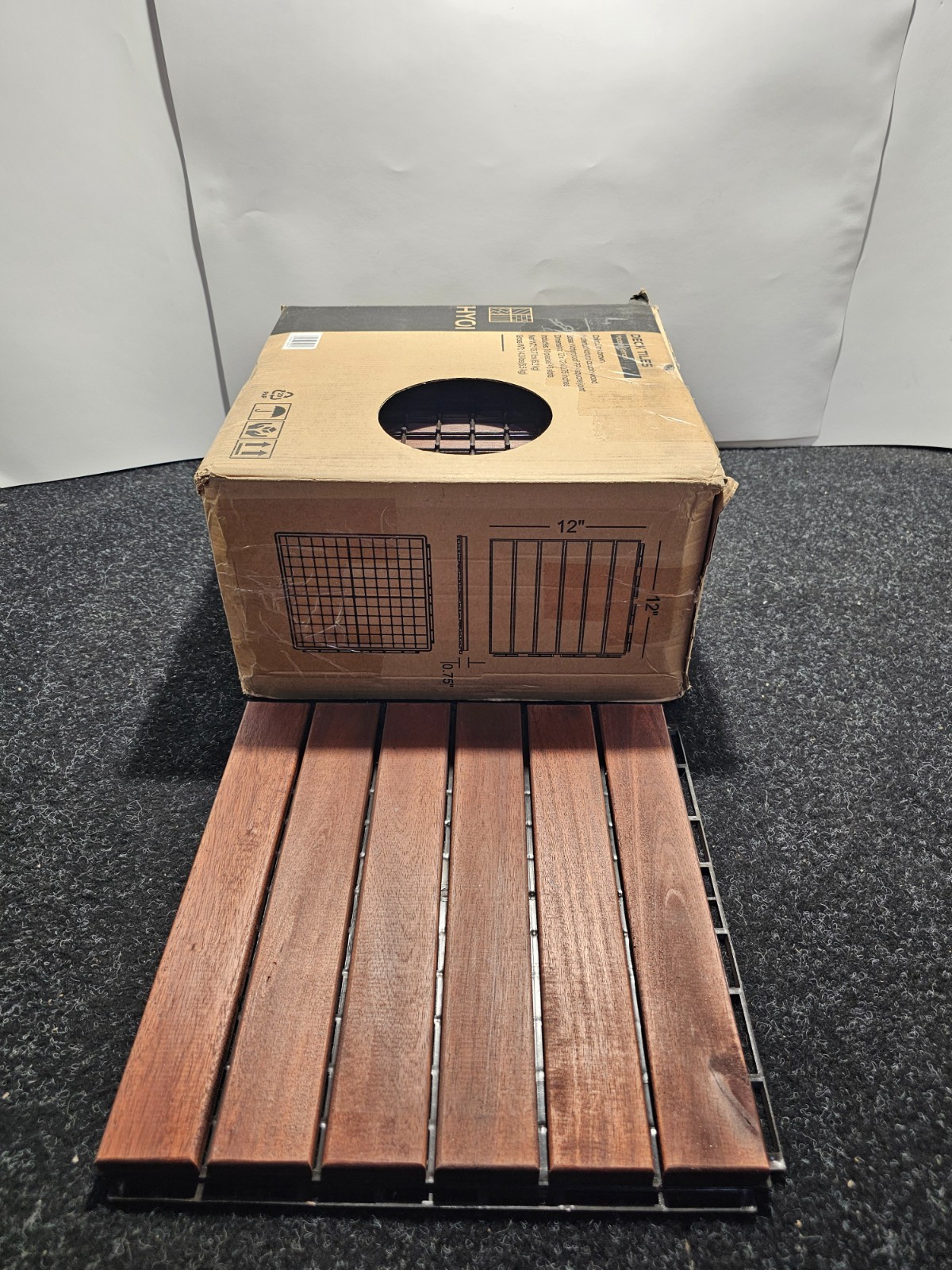 (QTY 10) THYOI 12 x 12 x .075in 6 Slat Deck Tiles Dark Brown Natural Acacia Wood