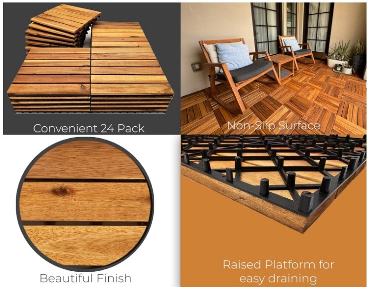 Interlocking Deck Tiles Snap Together Wood Flooring 12×12 Acacia Hardwood 24 Set