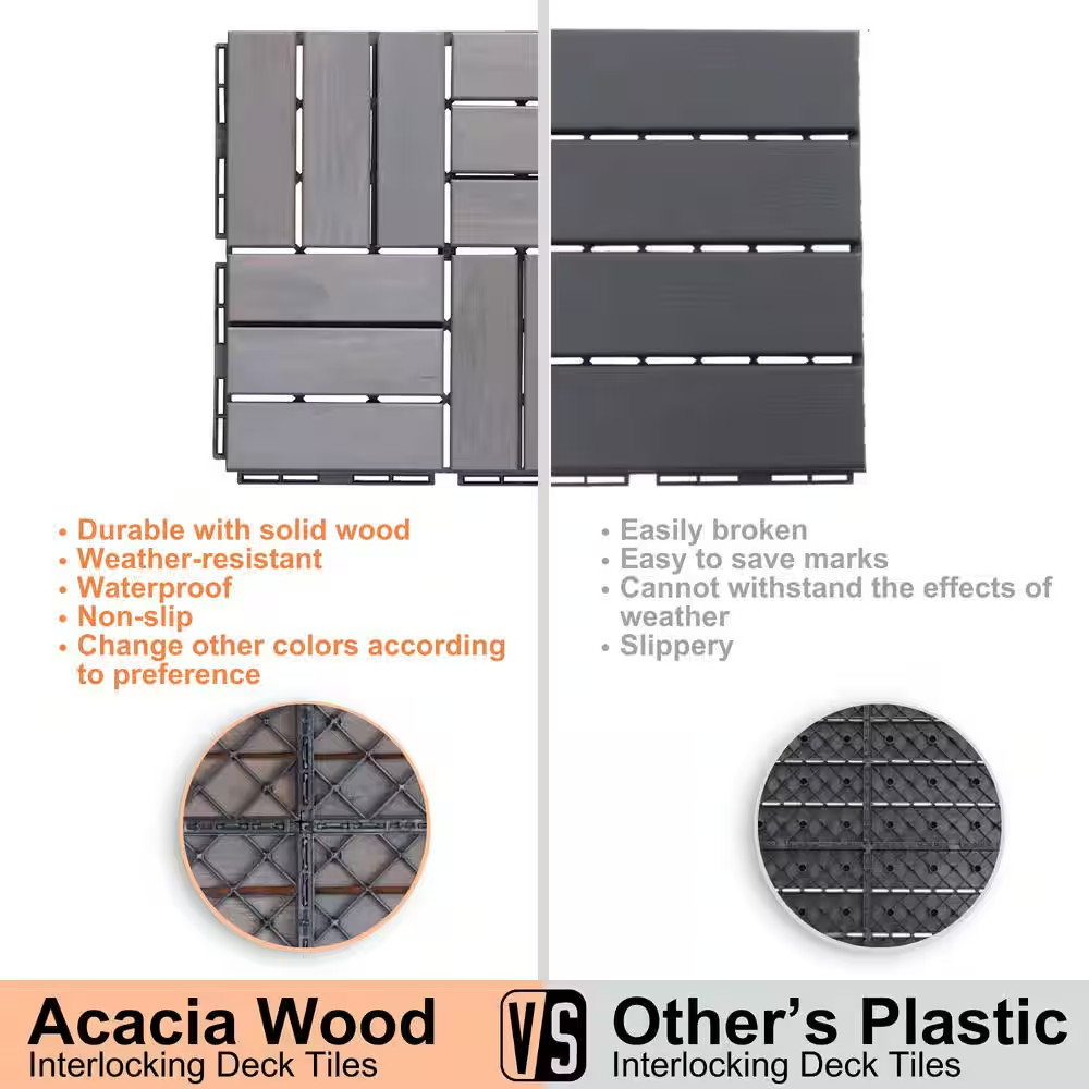 30-Pack 12 In. X 12 In. Square Outdoor Light Grey Acacia Wood Interlocking Deck