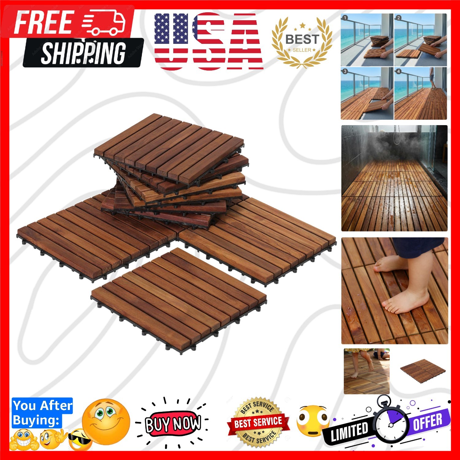 EZ-Floor Interlocking Flooring Tiles in Solid Teak Wood Oiled Finish Set of 1…