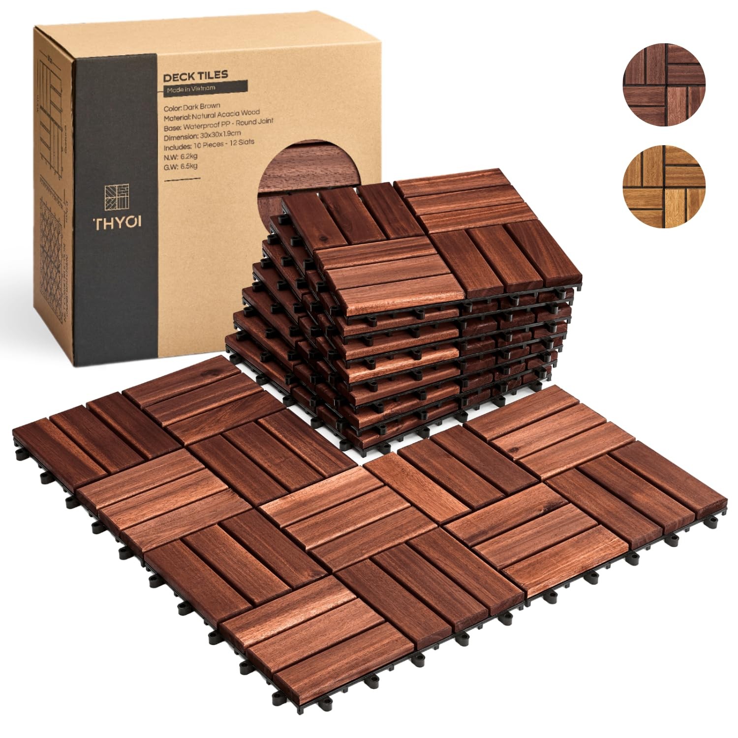 THYOI 10 Pcs Premium Acacia Wood Interlocking Deck Tiles (12″ x 12″), Deck Floor