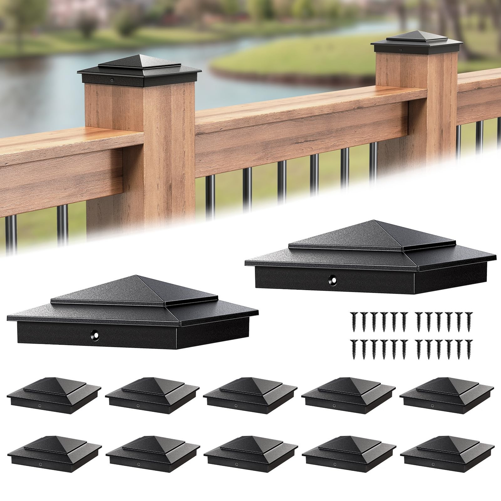 10-Pack Aluminum 6×6 Post Caps for Deck Railing(Actual 5.5″ x 5.5″), Fence Po…
