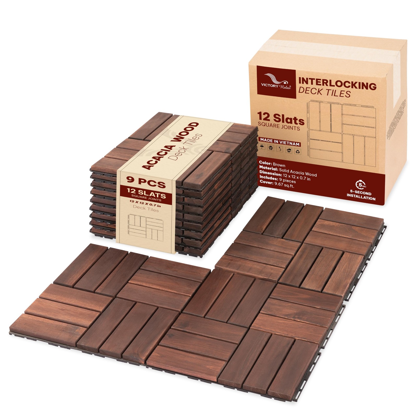 Natural Acacia 12×12 Interlocking Wood Deck Tiles for Balcony, Garden, Patio,…