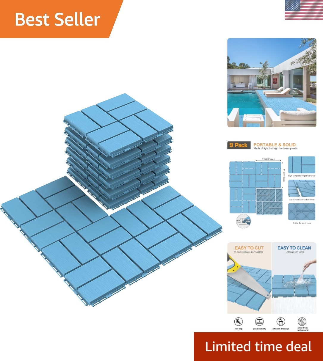 Durable Plastic Interlocking Deck Tiles, 12×12, for All Weather Use – Blue