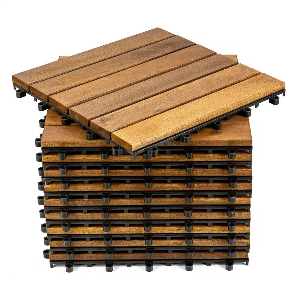 12 In. X 12 In. Acacia Wood Interlocking Flooring Deck Tile Brown 6-Slats, 10-Pa