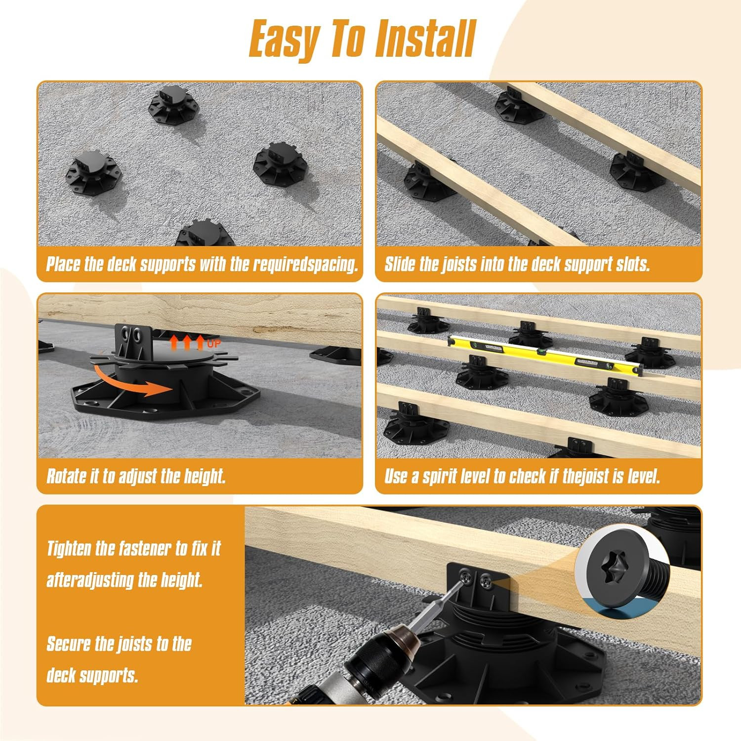 12-Pack Adjustable Deck Support Pedestals, 1.18″–2.36″ (30–60 Mm), for 2×4 & 2×6
