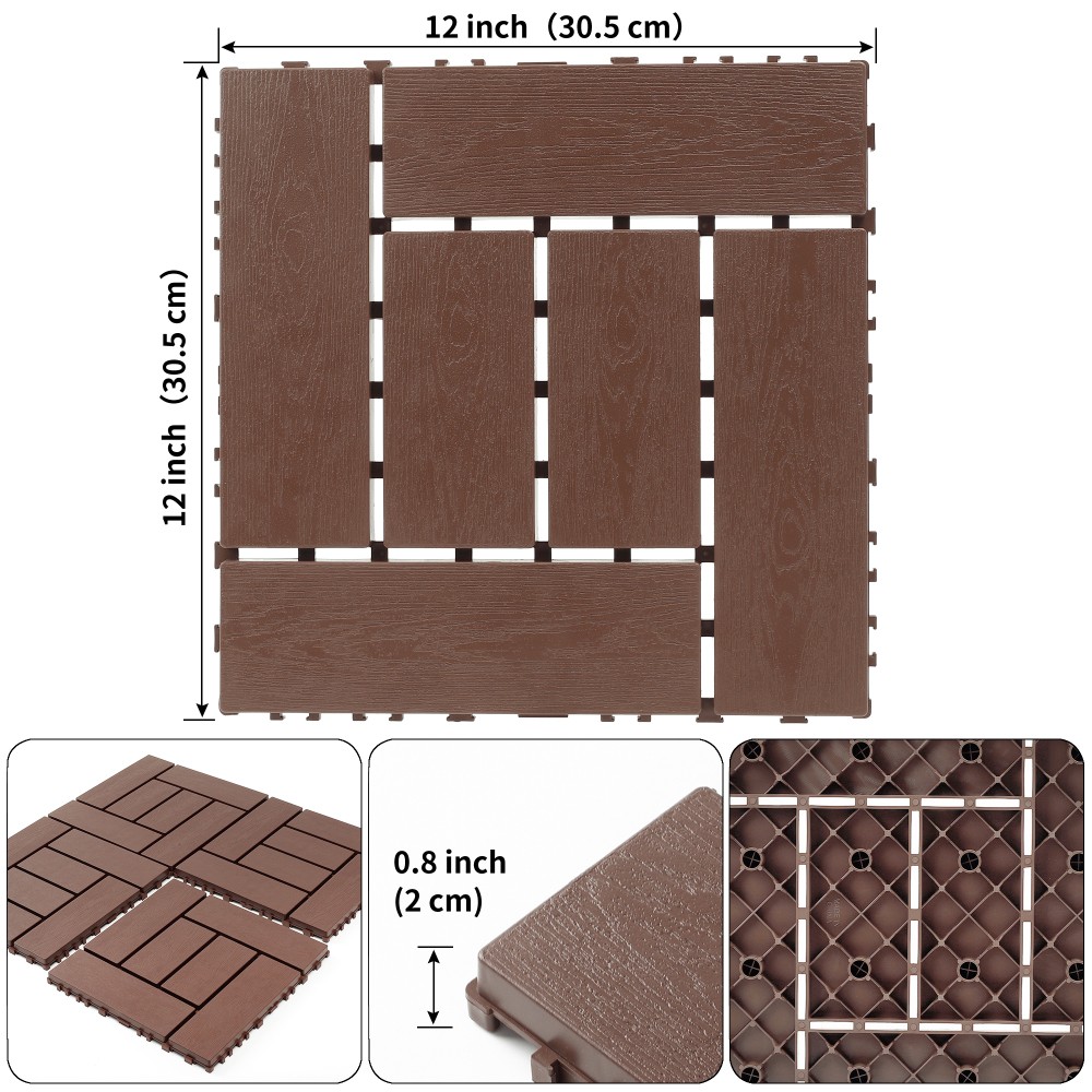 12″ Interlocking Floor Tiles 44 Pack Red Brown PP DIY Modular Deck Tiles