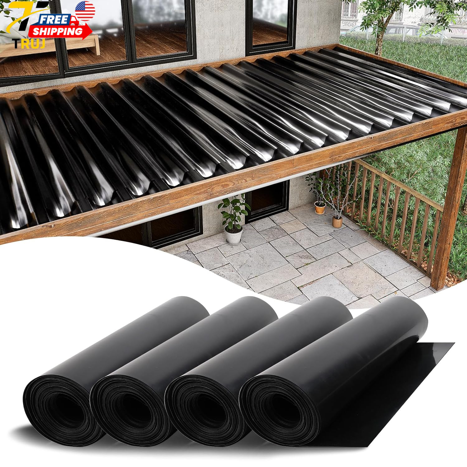 4 PCS 50FT Black under Deck Drainage System Trough HDPE Waterproofing Membrane F