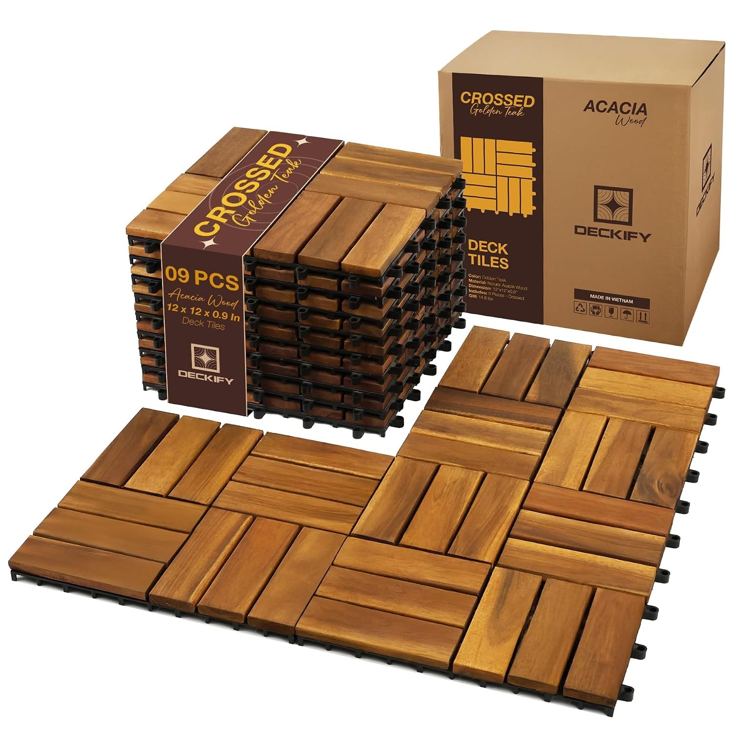 Acacia Wood Patio Deck Tiles 12 x 12 x 0.9 Inch Outdoor Wooden Decking Tiles