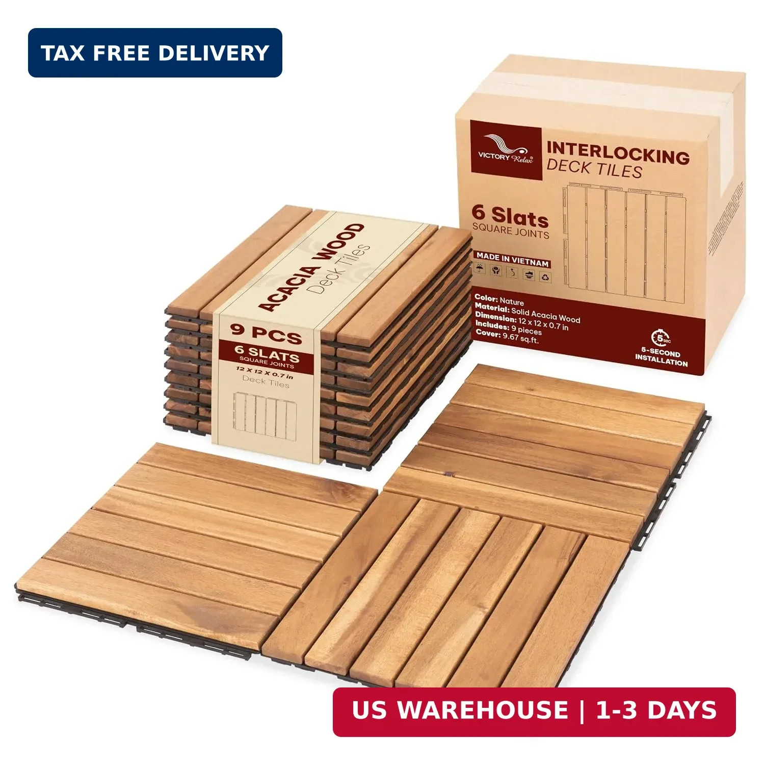 Natural Acacia 12×12 Interlocking Wood Deck Tiles for Balcony, Gar