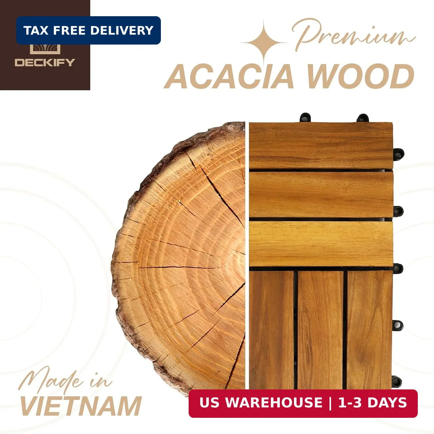 Acacia Wood Interlocking Patio Deck Tiles, 12 x 12 x 0.9 Inch Outdoor Flooring,