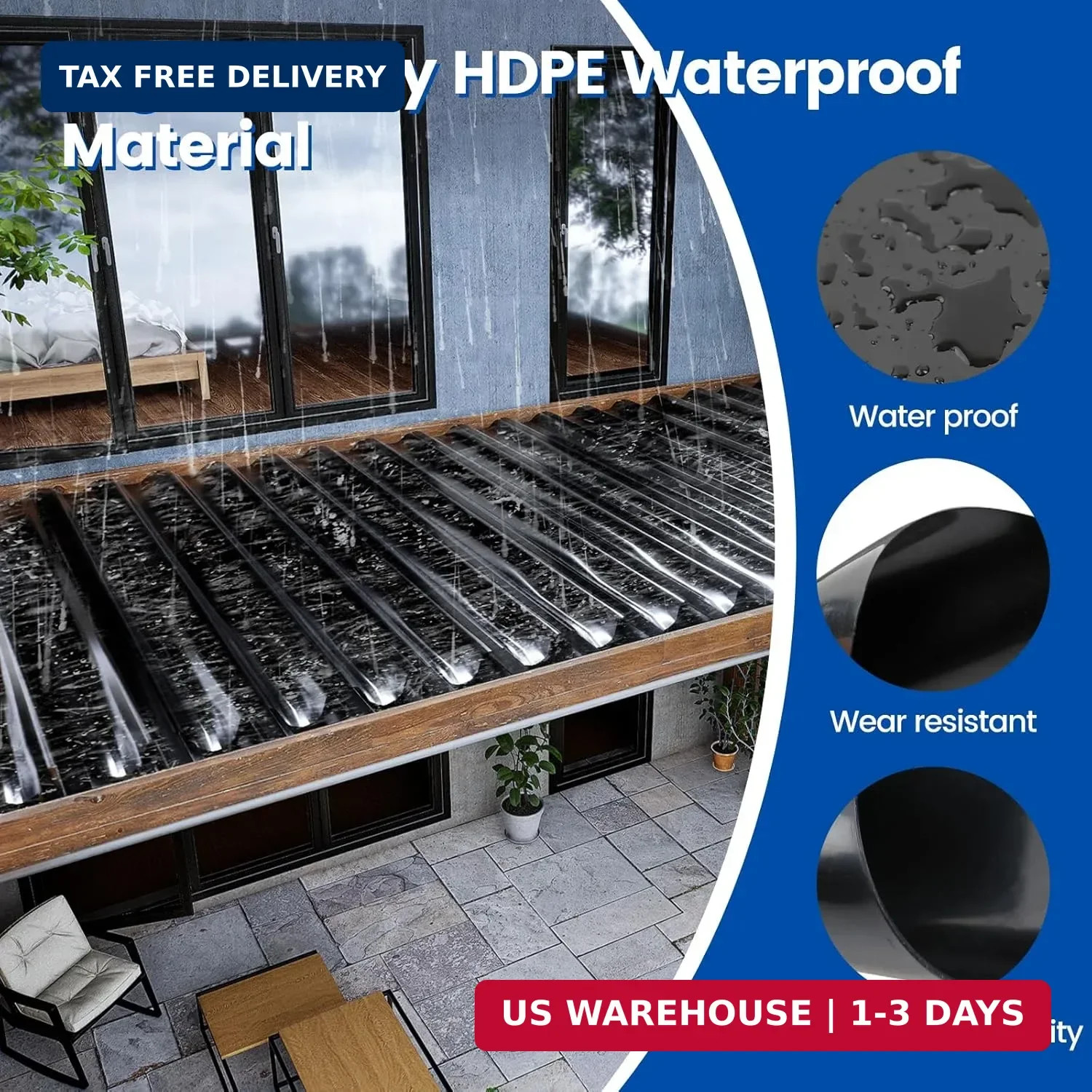 Muzata 1PCS 50FT Black Under Deck Drainage System Trough HDPE Waterproofing Memb