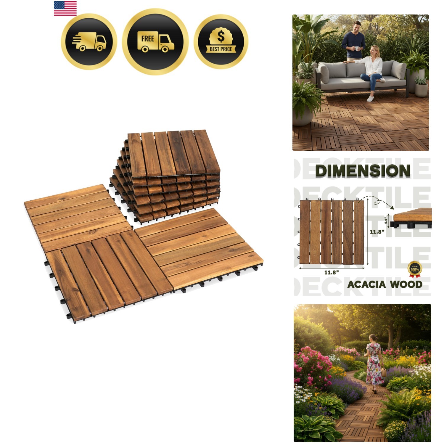 Acacia Wood Decking Tiles 9PCS – Easy Snap Interlocking Deck Tiles for Patio …