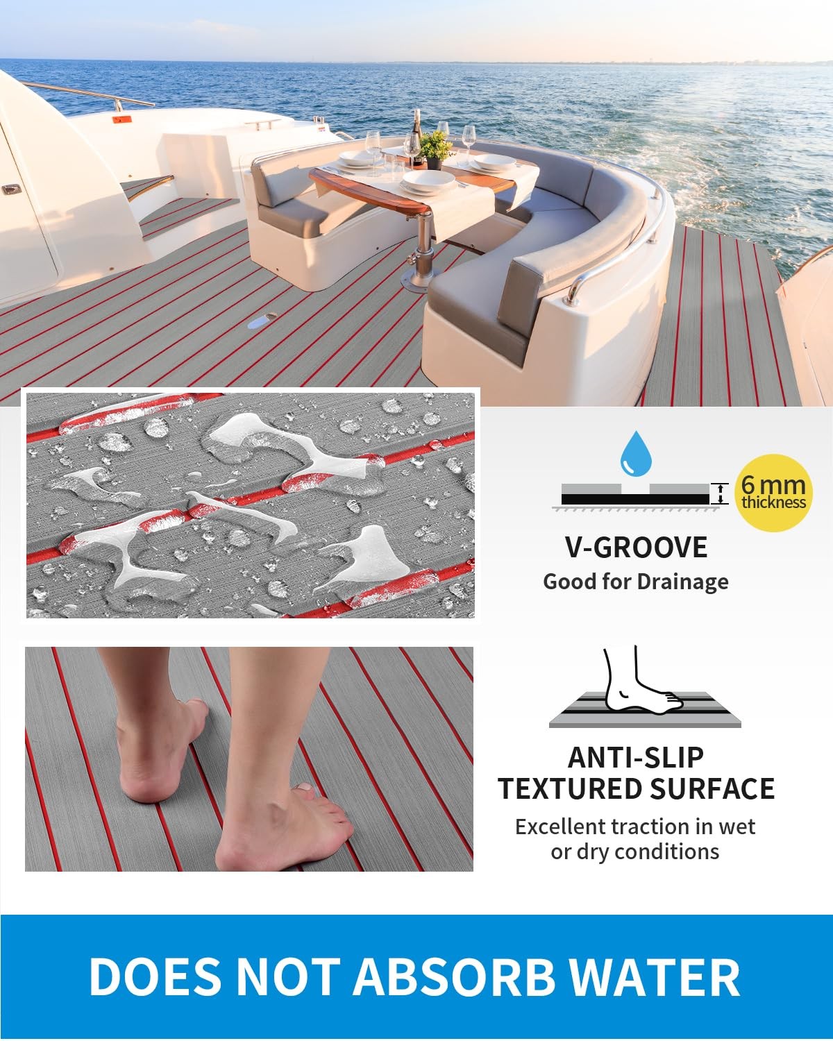 Boat Flooring Self-Adhesive 96”x45.6” Gray with Red Lines