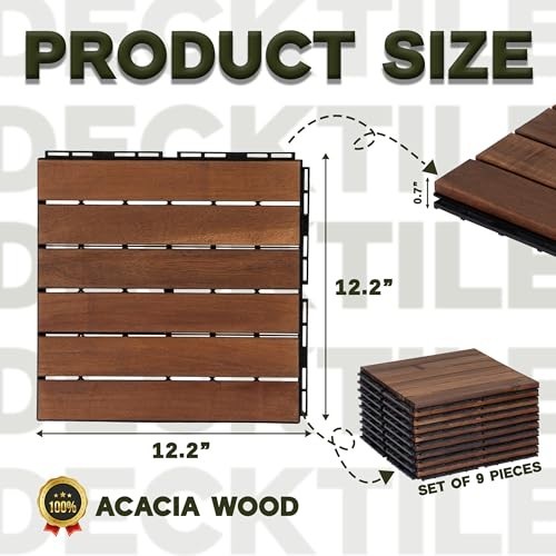 Natural Acacia Interlocking Wood Deck Tiles – 12×12, Waterproof Outdoor Flooring