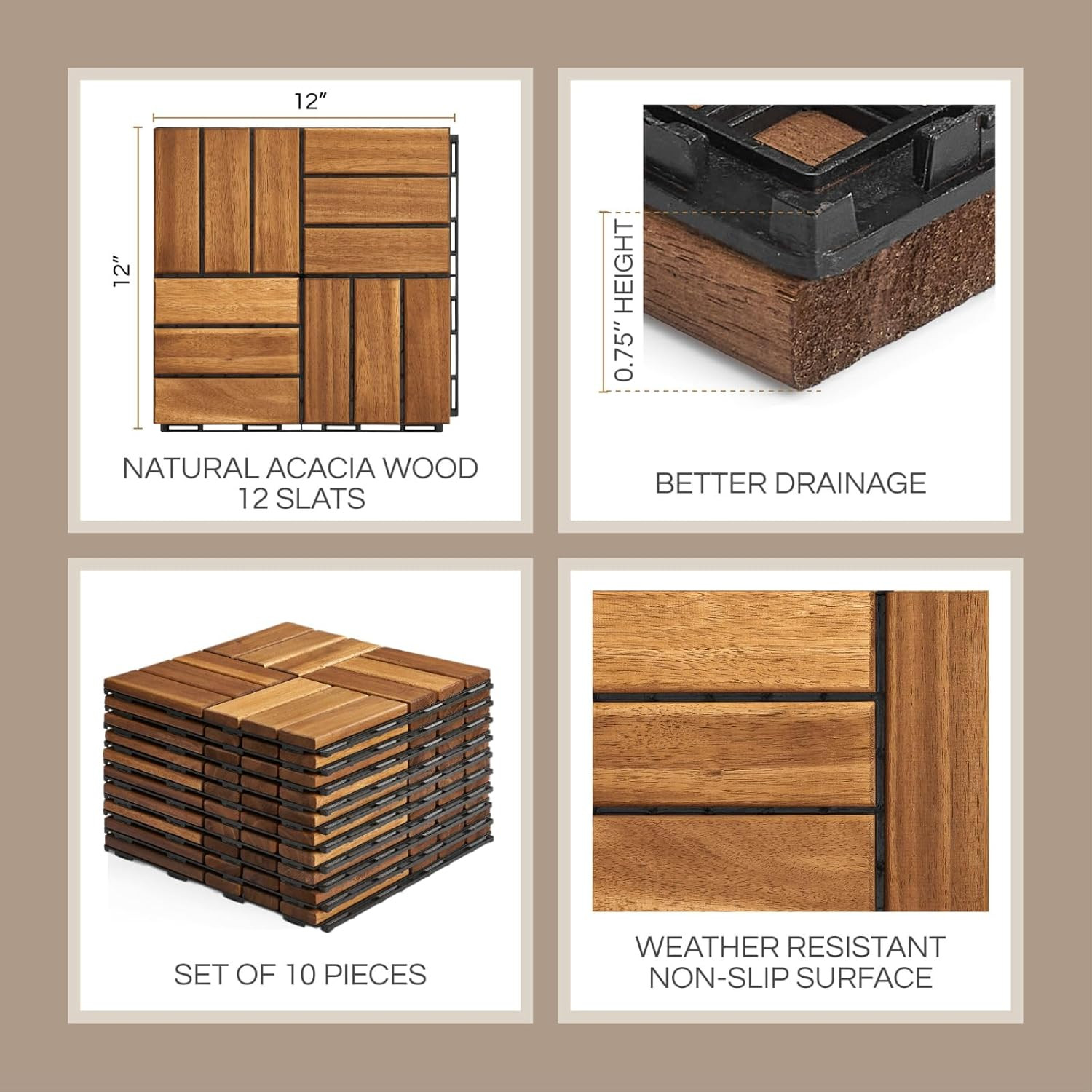 Premium Deck Tiles, Patio Flooring – Set 10 Pcs 12”X12”X0.9” Interlocking Deck T