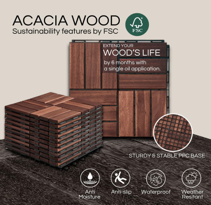 10 Pcs Deck Tiles, Outdoor Waterproof Acacia Wood, Dark Brown, 10 Sq Ft