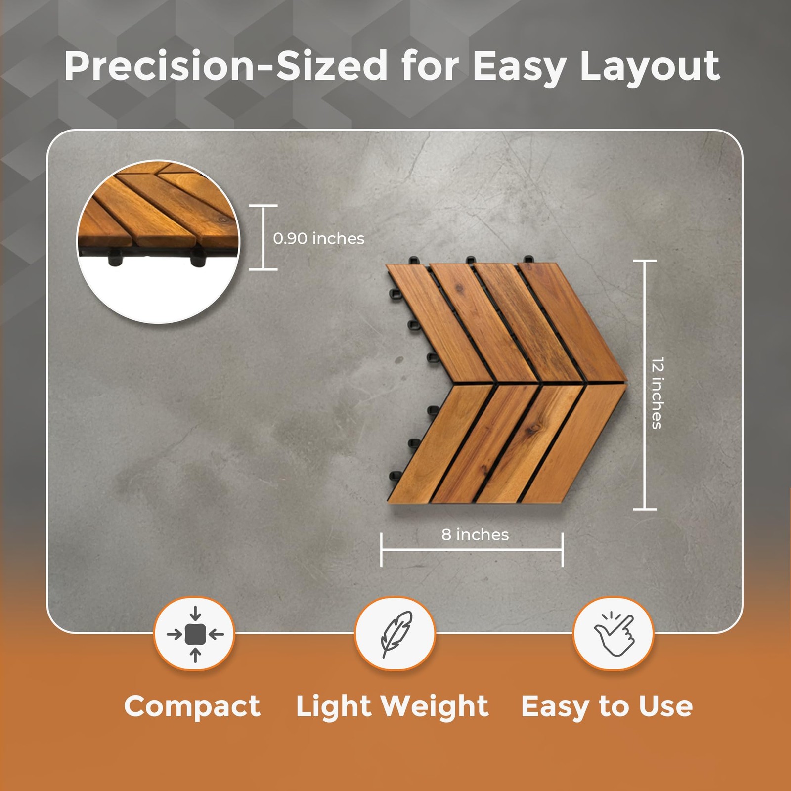 Interlocking Deck Tiles, 8-Pack Herringbone Acacia Wood Patio Tiles with 2 Ed…