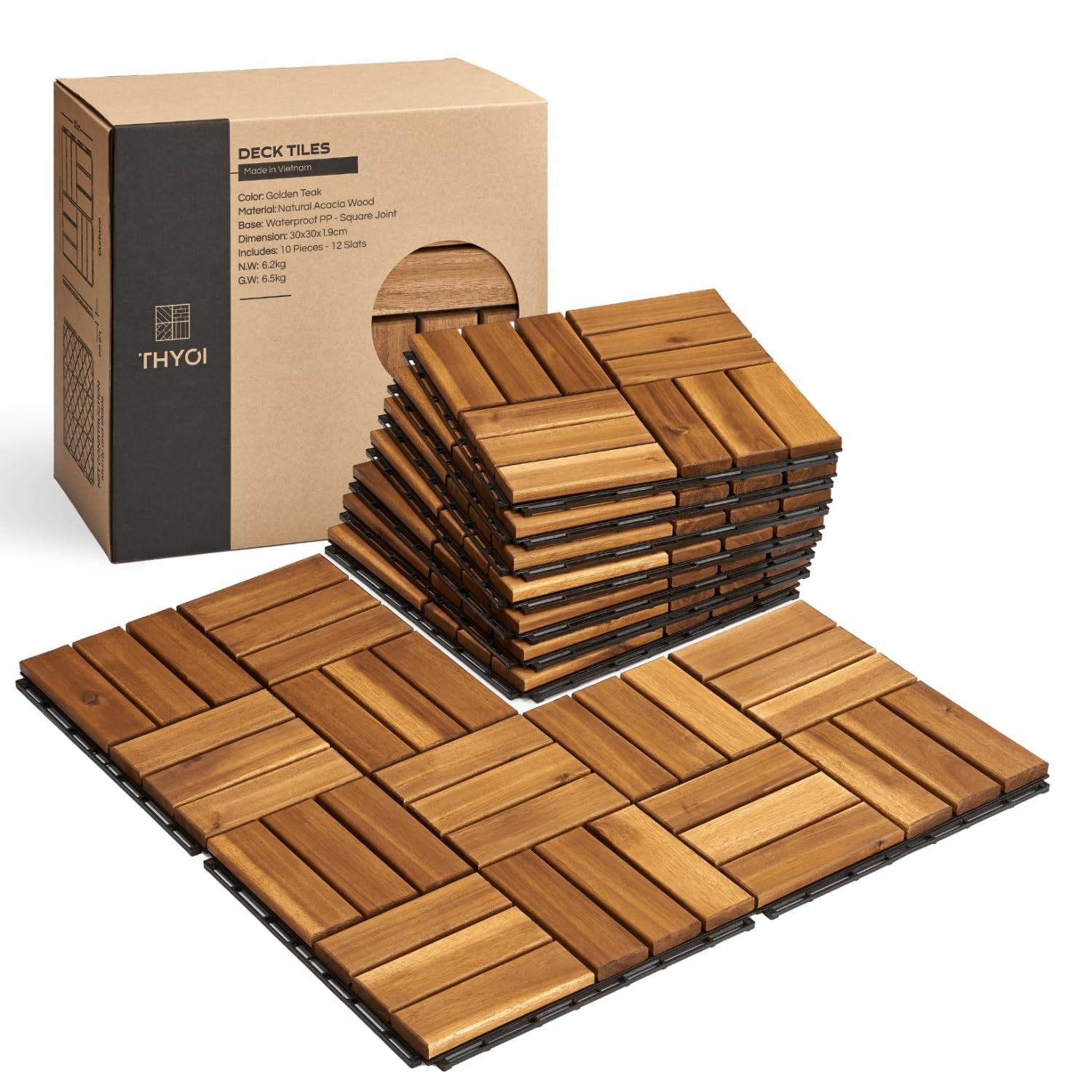 Crossed Pattern Interlocking Deck Tiles – 12”x12” Waterproof Acacia Wood Set