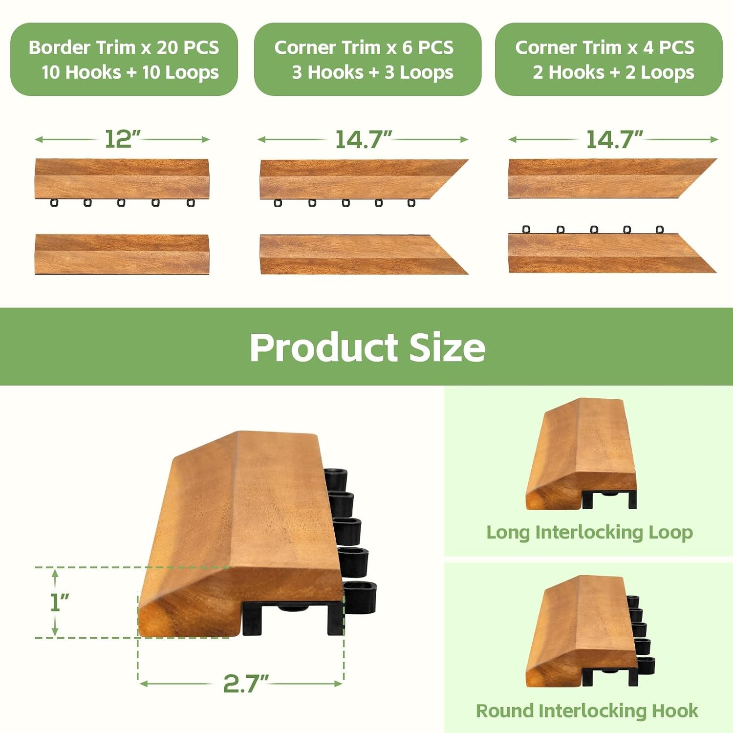 Solid Acacia Wood Edge Trim Set Interlocking Deck Tiles 20 PCS Border Trim & 10