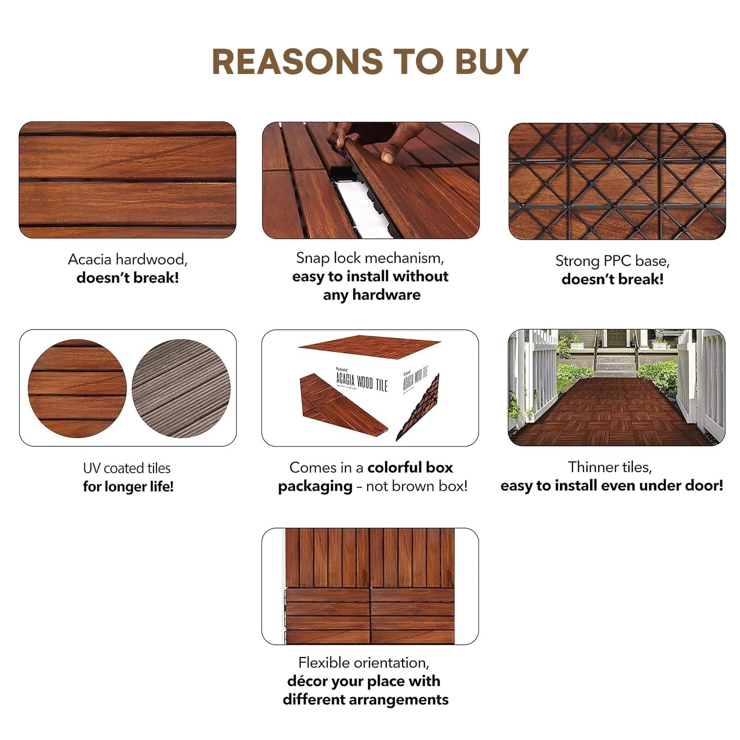 Acacia Wood Patio Flooring Interlocking Tiles Pack of 10, 12″ x 12″, All Weather