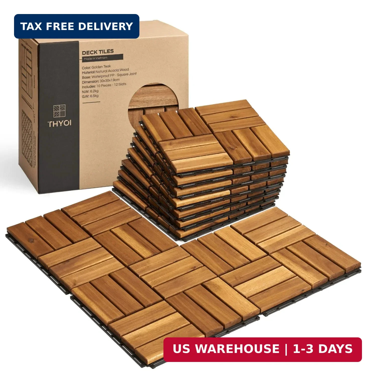 Premium Deck Tiles, 10 Pcs Patio Flooring – Golden Teak – Crossed | Square