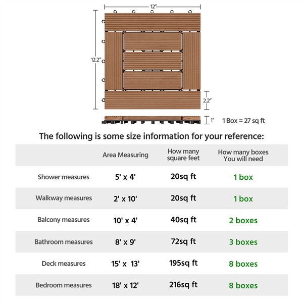 27pcs Waterproof Wood Interlocking Deck Tiles for Outdoor Patio Garden, Brown