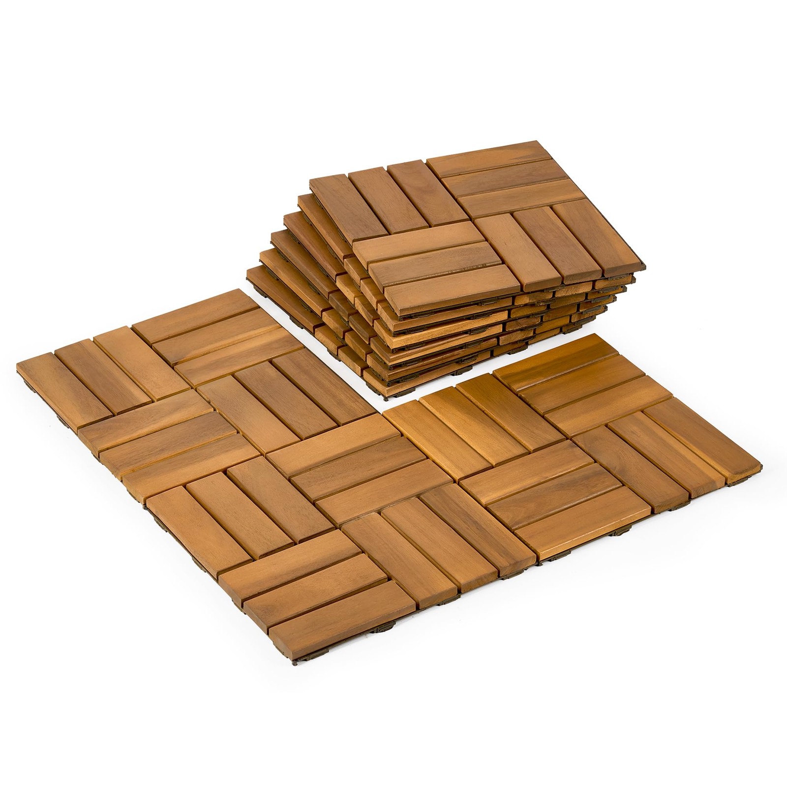 9 PCS Interlocking Deck Tiles 12″ x 12″, 12 Slats Outdoor Flooring Acacia Woo…
