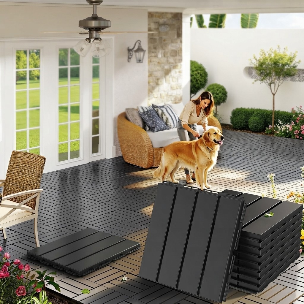 Durable 12”x12” Dark Gray Outdoor Deck Tiles – Easy Snap Connection, 9-Pack