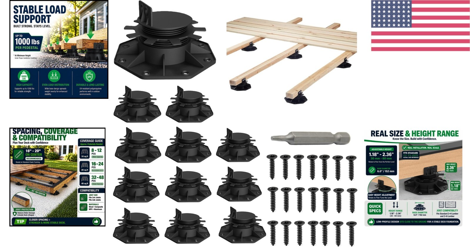 Complete Decking Solution – 12 Adjustable Pedestals with Screws & Tools Included