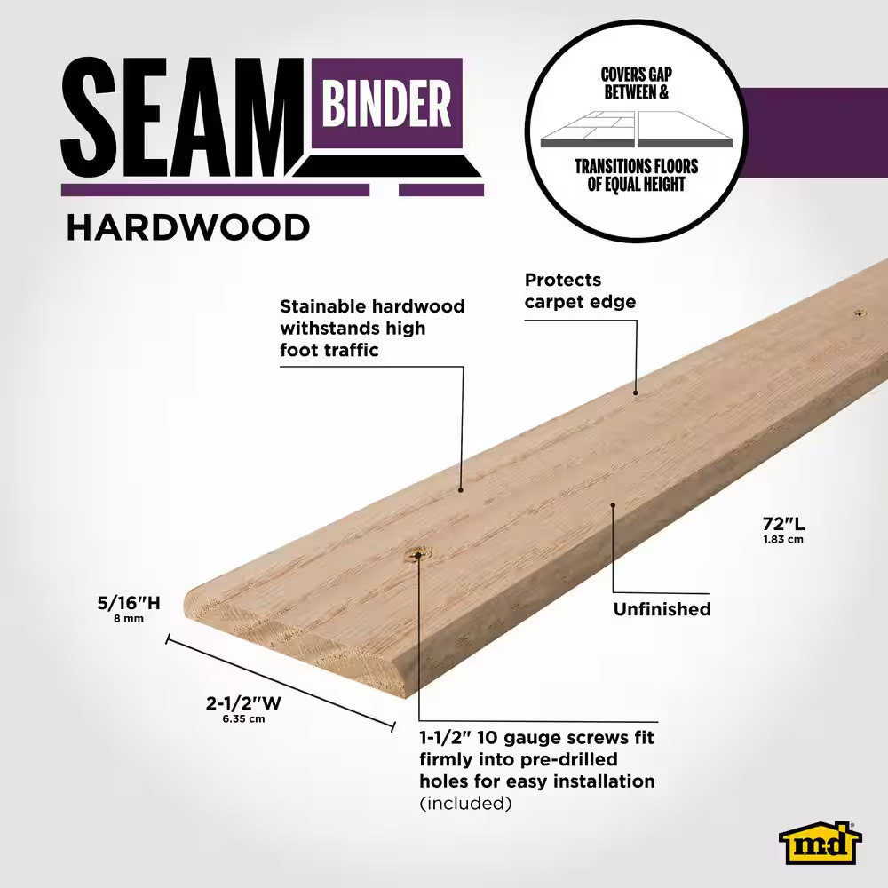 2-1/2 In. X 72 In. Unfinished Hardwood Transition Strip Seam Binder W/ Screws
