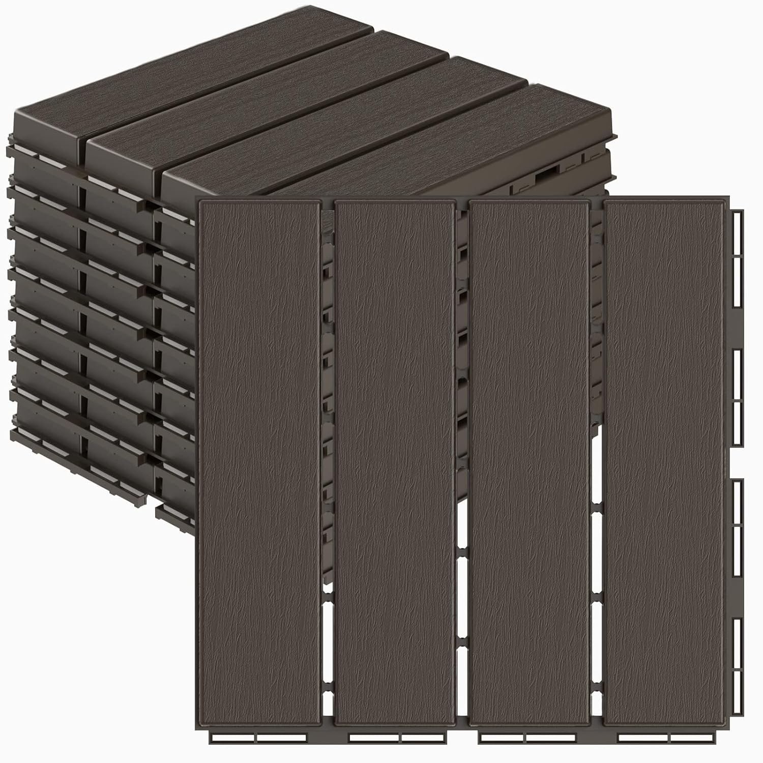 Durable Outdoor Flooring Deck Tiles, 12×12, All-Weather Use, 9 Pack, Dark Coffee