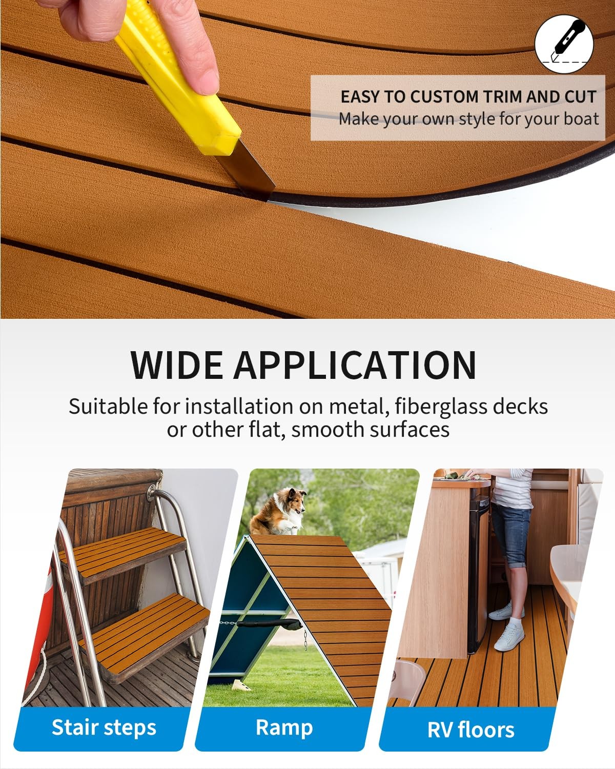 OCEANBROAD Boat Flooring Self-Adhesive 48”x16.8” Brown with Black Lines