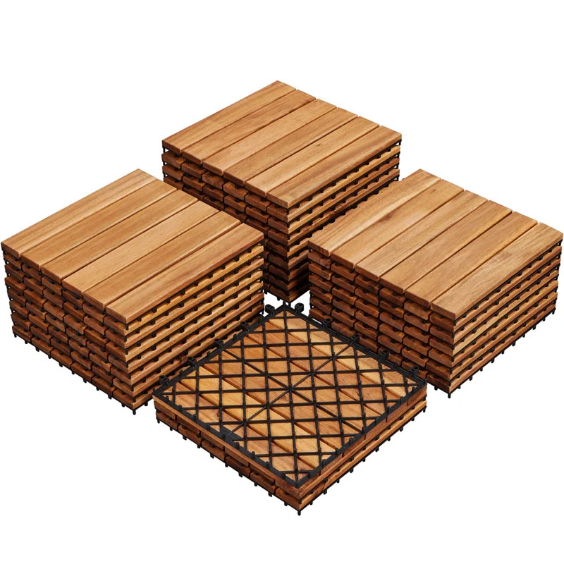 Acacia Wood Interlocking Deck Tiles for Indoor and Outdoor (Set of 27) Snap In